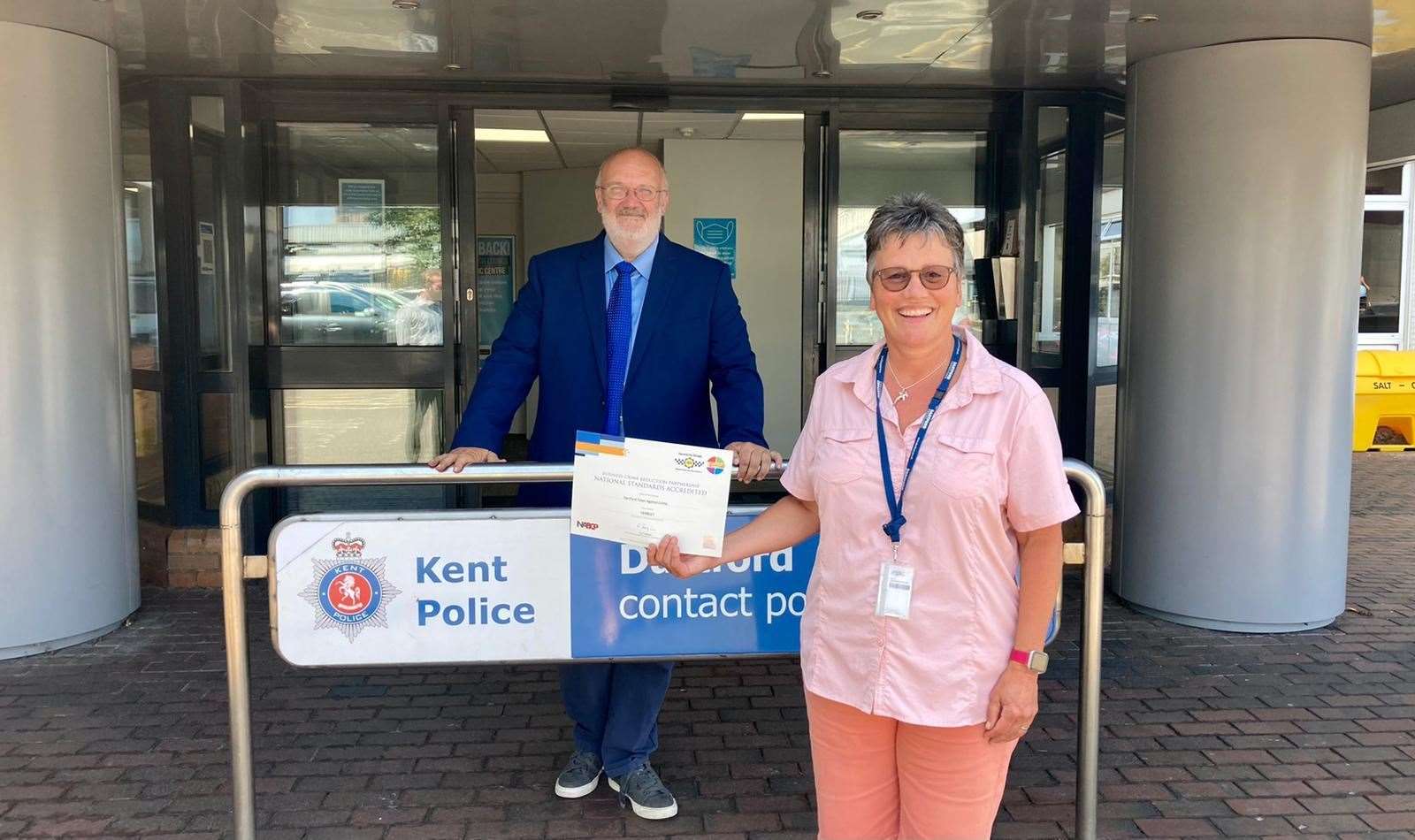 Dartford Town Against Crime (DTAC) intelligence manager Karen Radford and Dartford council leader Jeremy Kite celebrating success after being named among UK's best crime crackdown partnerships in the UK