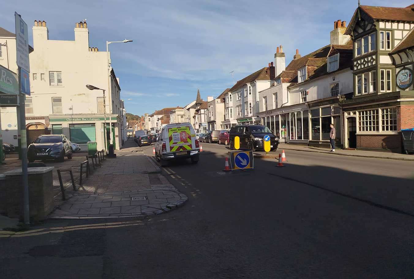 Highways workers have now cordoned off the section of Sandgate High Street. Picture: Tim Prater