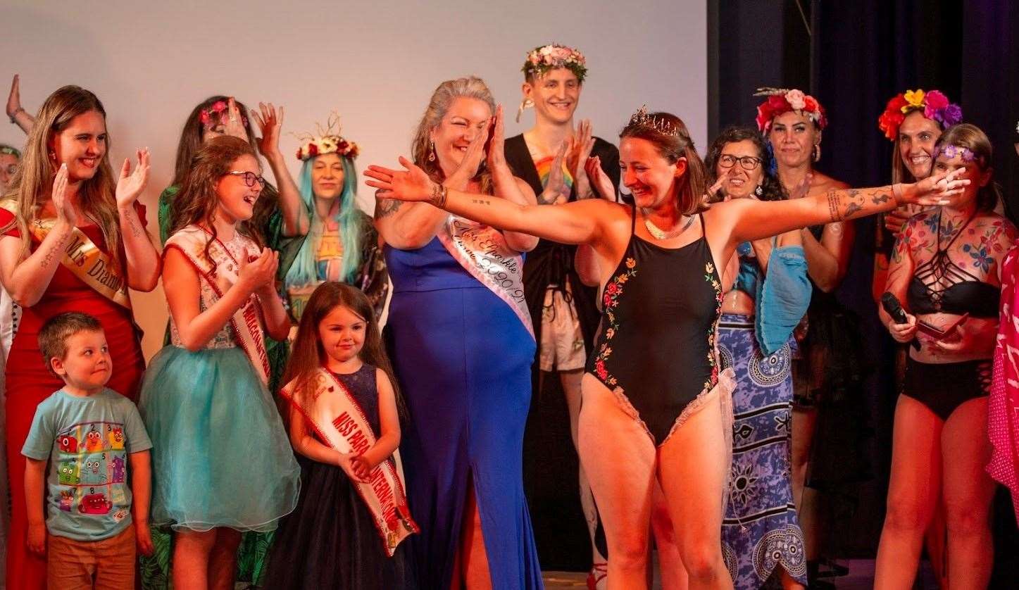 Lottie Hopper (Charlotte Ralph) with the cast of her first body fashion show at the Sheppey Little Theatre, Sheerness. Picture: James Hughes