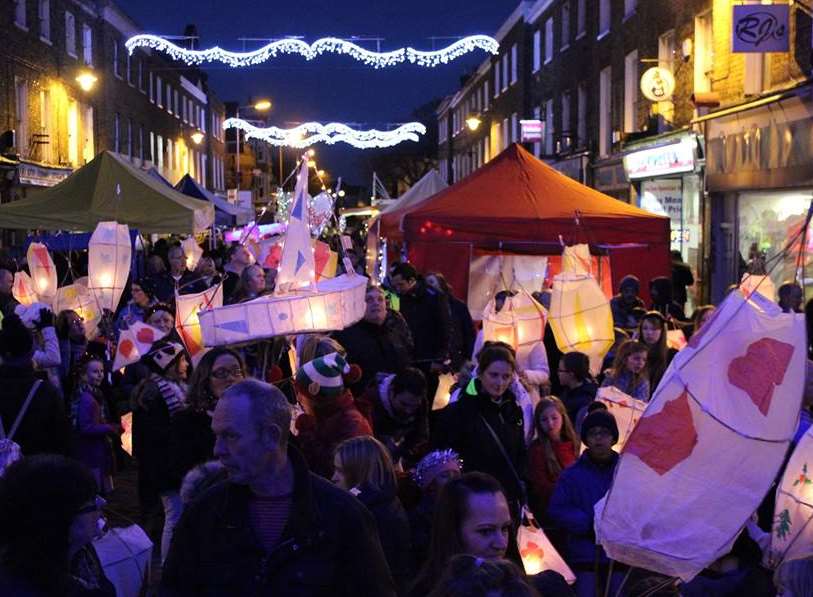 Late-night lights parade at Sheerness Christmas market.