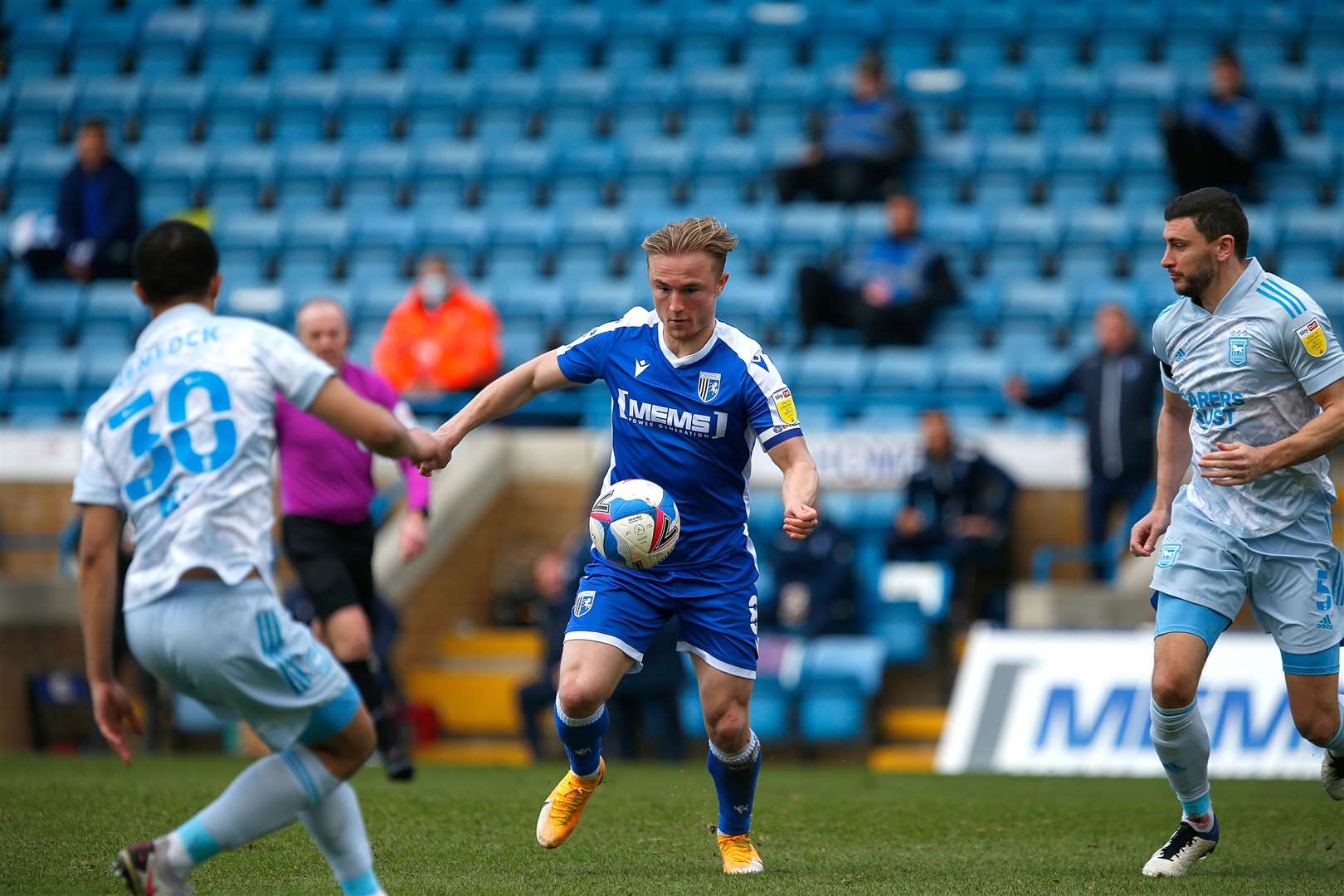 Kyle Dempsey in action for Gillingham against Ipswich Town Picture: Andy Jones