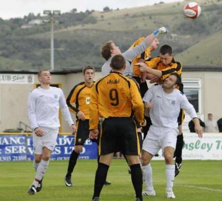 Goalmouth action from Folkestone's home clash with Walton & Hersham. Picture: Paul Amos