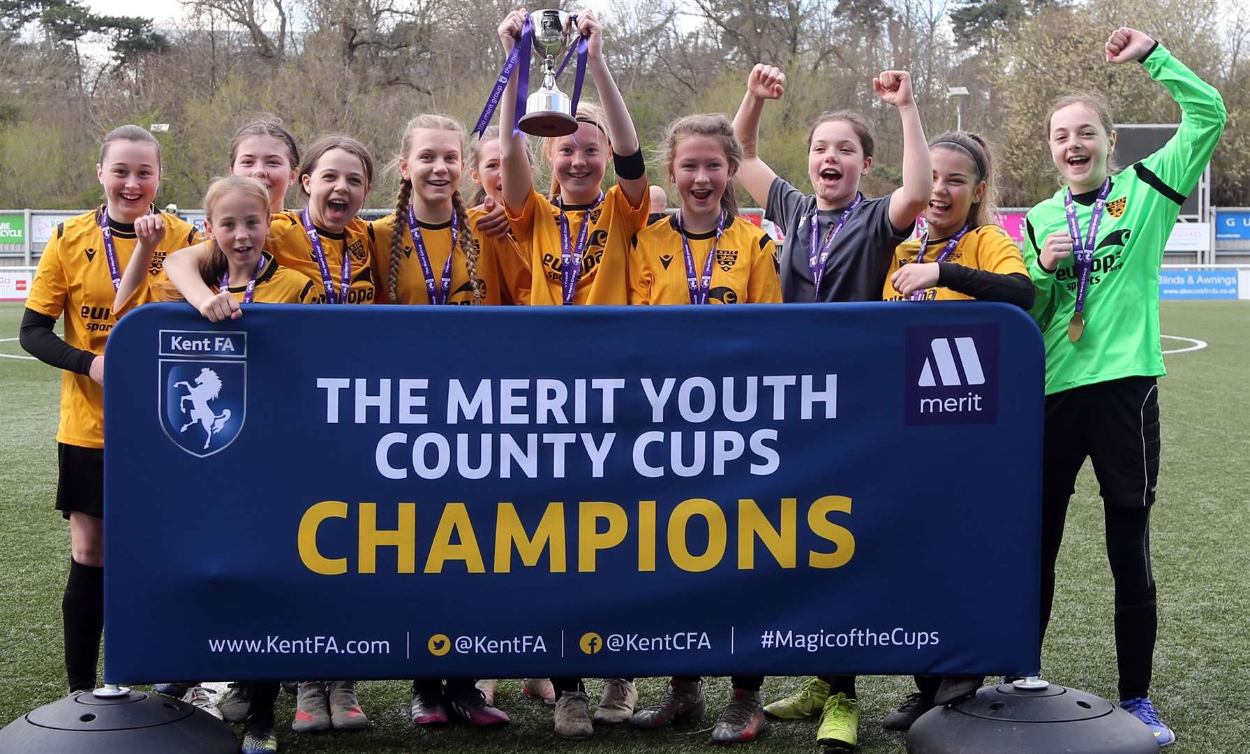Maidstone United celebrate winning the Kent Merit Under-13 girls cup final. Picture: PSP Images