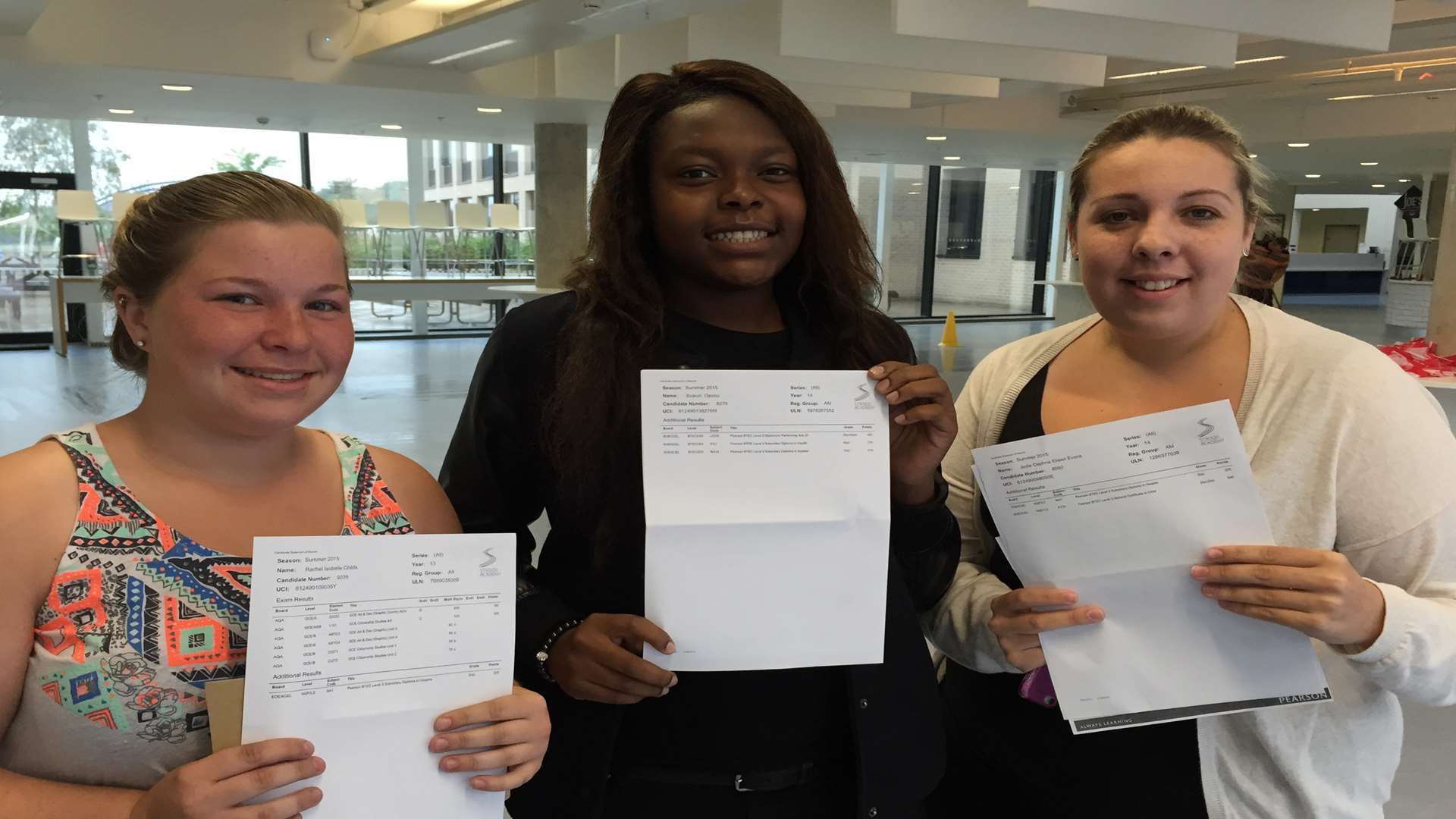 Rachel Childs, Ibukun Ojomo, and Jodie Evans find out their A Level results at Strood Academy
