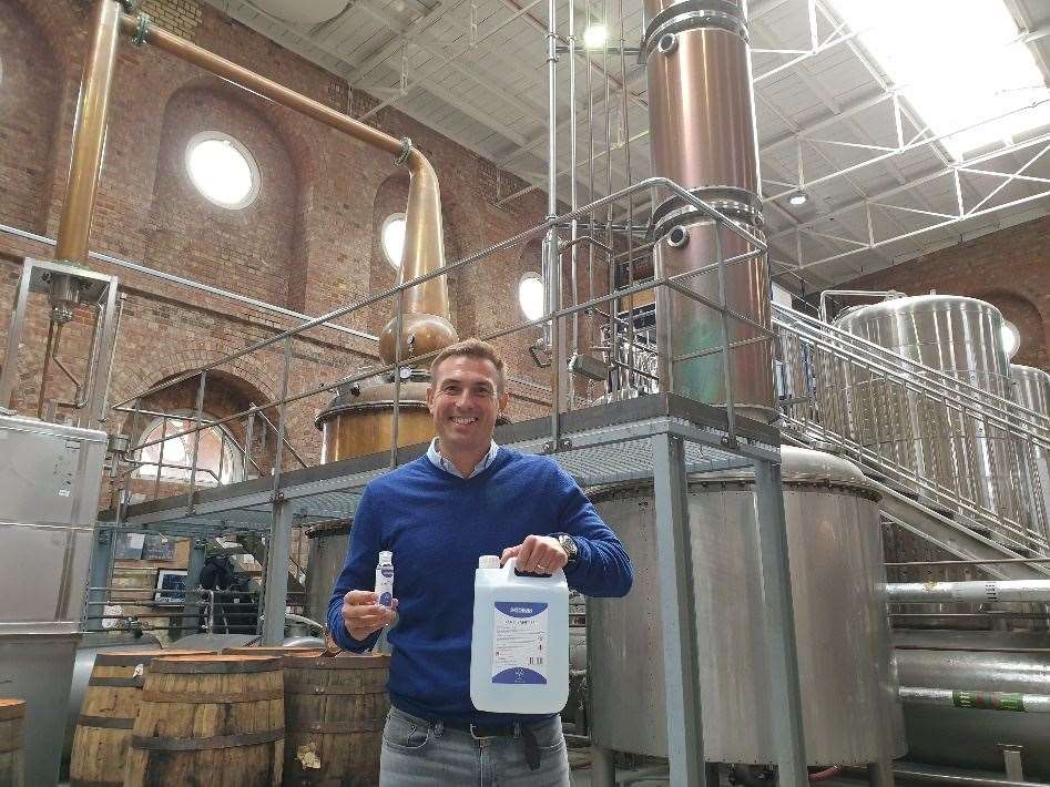 Copper Rivet's Stephen Russell with the sanitiser products they produced