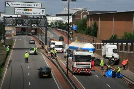 The scene of Wednesday morning's crash near the Medway Tunnel. Picture: MIKE MAHONEY