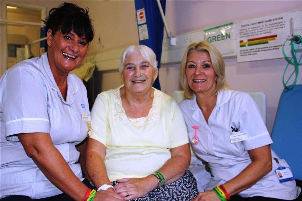 Physiotherapy assistants Julie Henderson and Deborah Eves with June Gildea