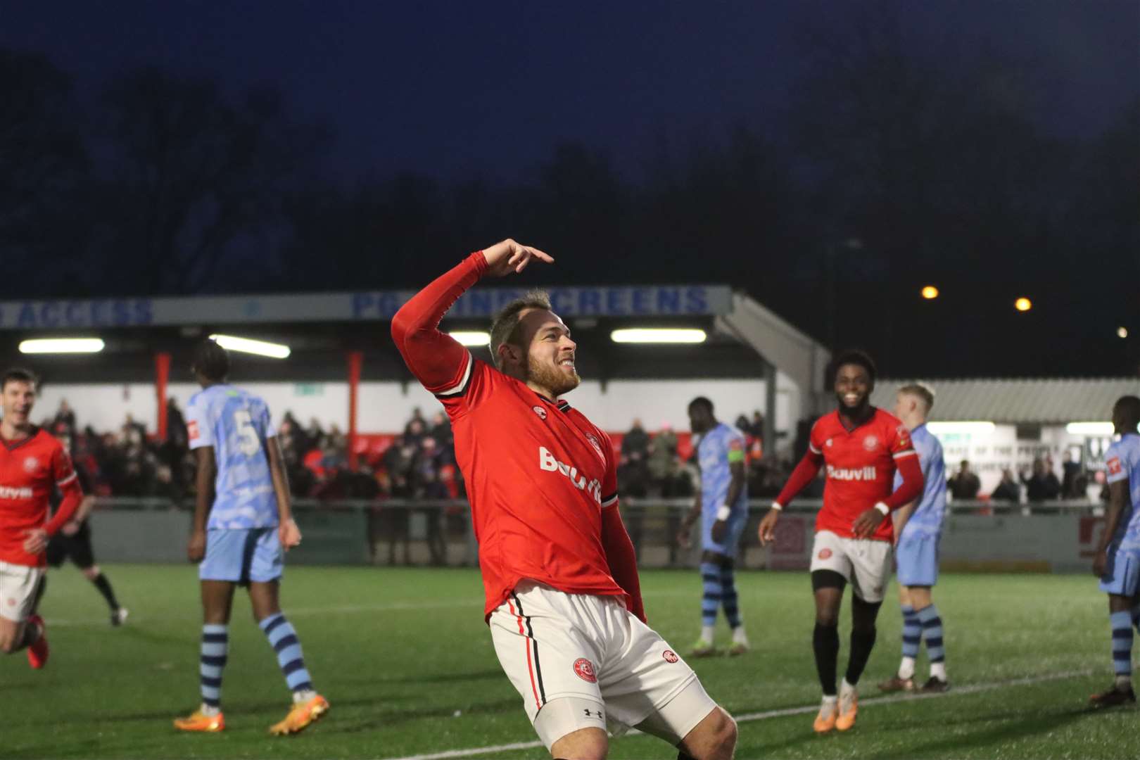 Reece Butler celebrates his goal in Chatham Town’s 3-2 win against Cheshunt Picture: Max English (@max_ePhotos)