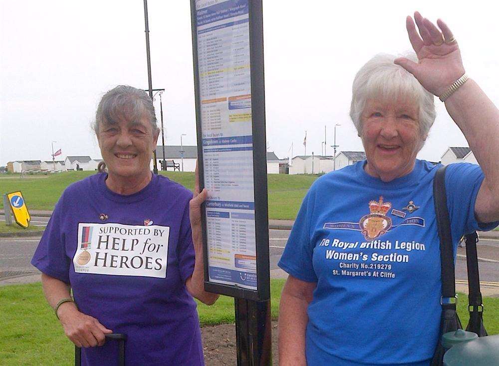 Sharon Ewin and Betty Lee at bus stop on The Strand, Walmer before they set off