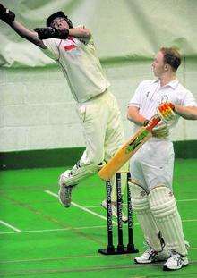 Joffy Towe keeps wicket for Betteshanger's indoor squad