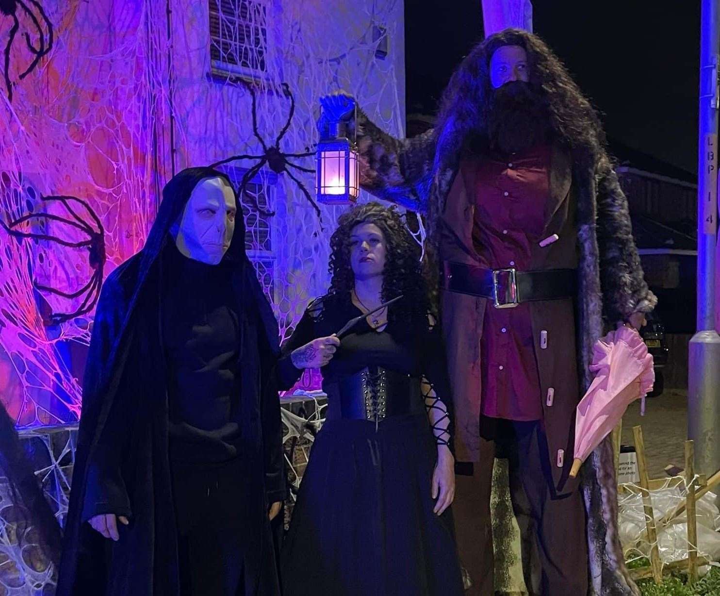 Kieron King, dressed as Hagrid, right, with fellow Harry Potter characters Lord Voldemort, left, and Bellatrix Lestrange. Picture: Kieron King