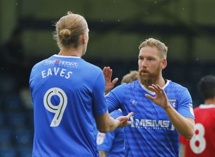 Scott Wagstaff congratulates Tom Eaves on his goal Picture: Andy Jones