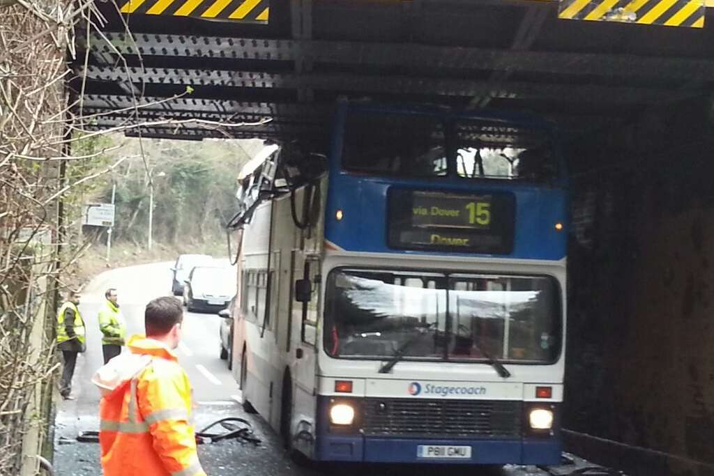 The roof of this bus was damaged when it crashed into the bridge at Kearsney in February 2013. Picture by Stephen Davies