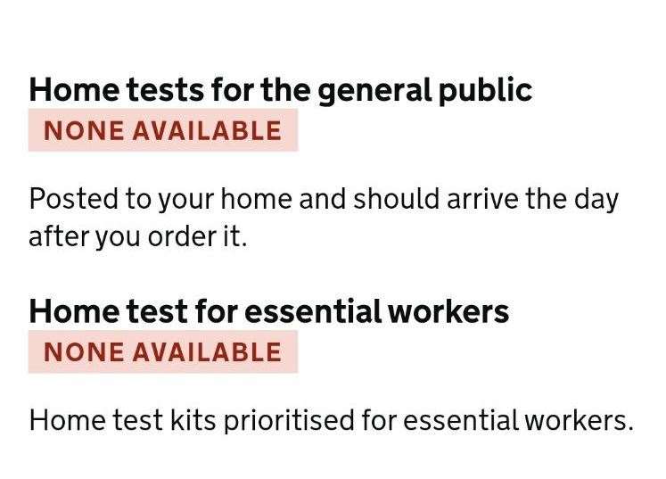 People trying to book home testing kits have been met with alerts saying there is 'no availability' across the country this morning