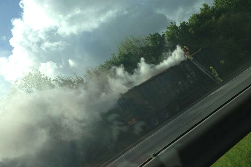Smoke billows from a trailer unit on the A249 near Sittingbourne