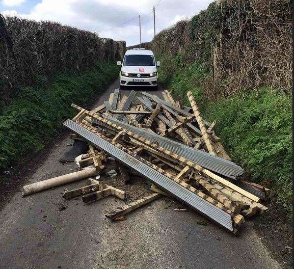 The huge fly tipped pile has closed Gills Road for seven days. Photo credit: KCC Highways