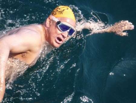 Cartoonist Dave Chisholm during his corss-channel swim. Picture: Bill Bond