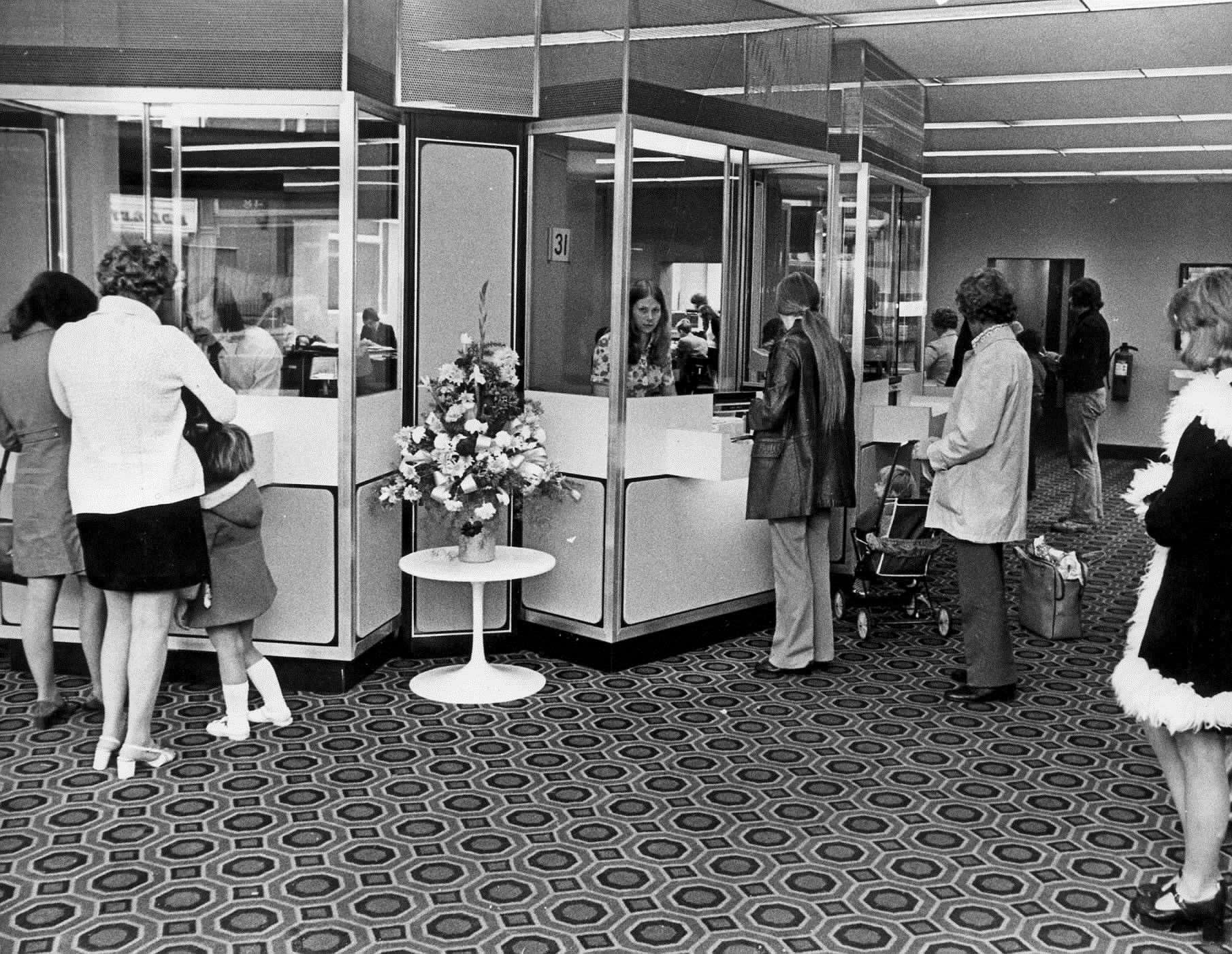 Inside a bank branch in Ashford in May 1974