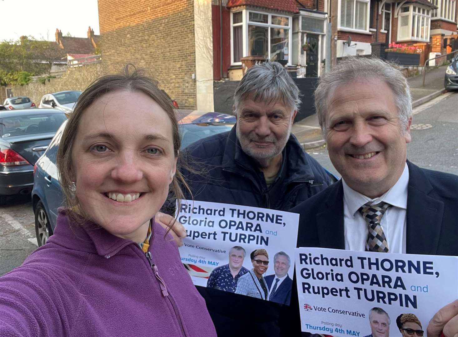 Elizabeth Turpin out campaigning with husband Rupert and Cllr John Williams