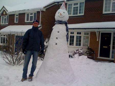 Lofty the Snowman, next to one of his creators David Jinks in Rainham