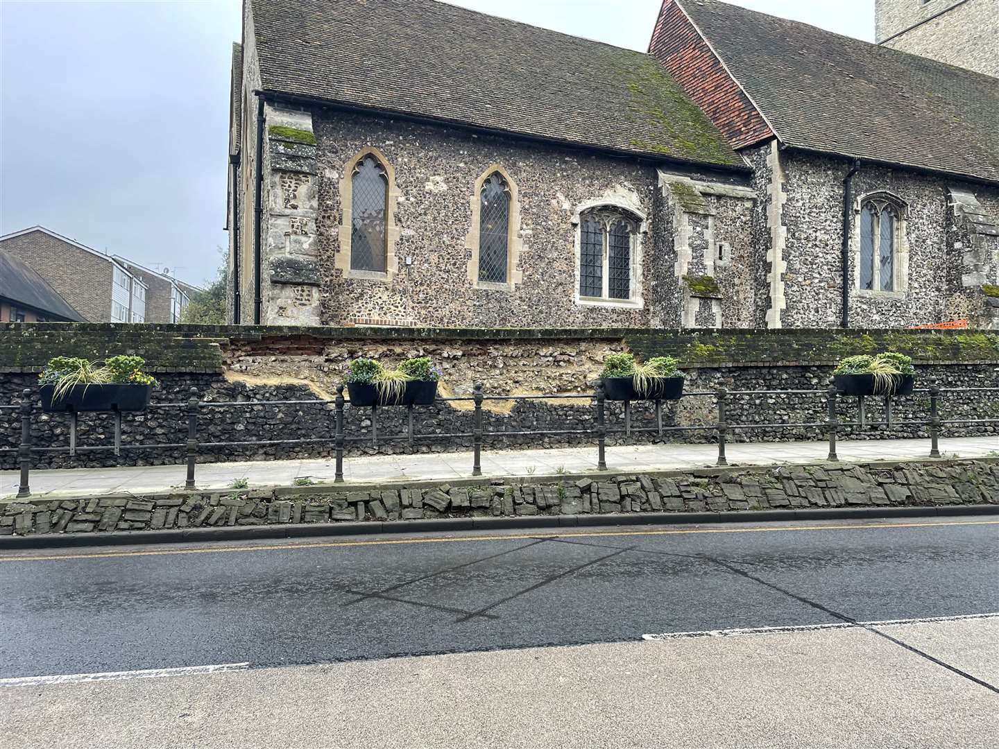 The damaged wall at St Margaret's Church, Rainham