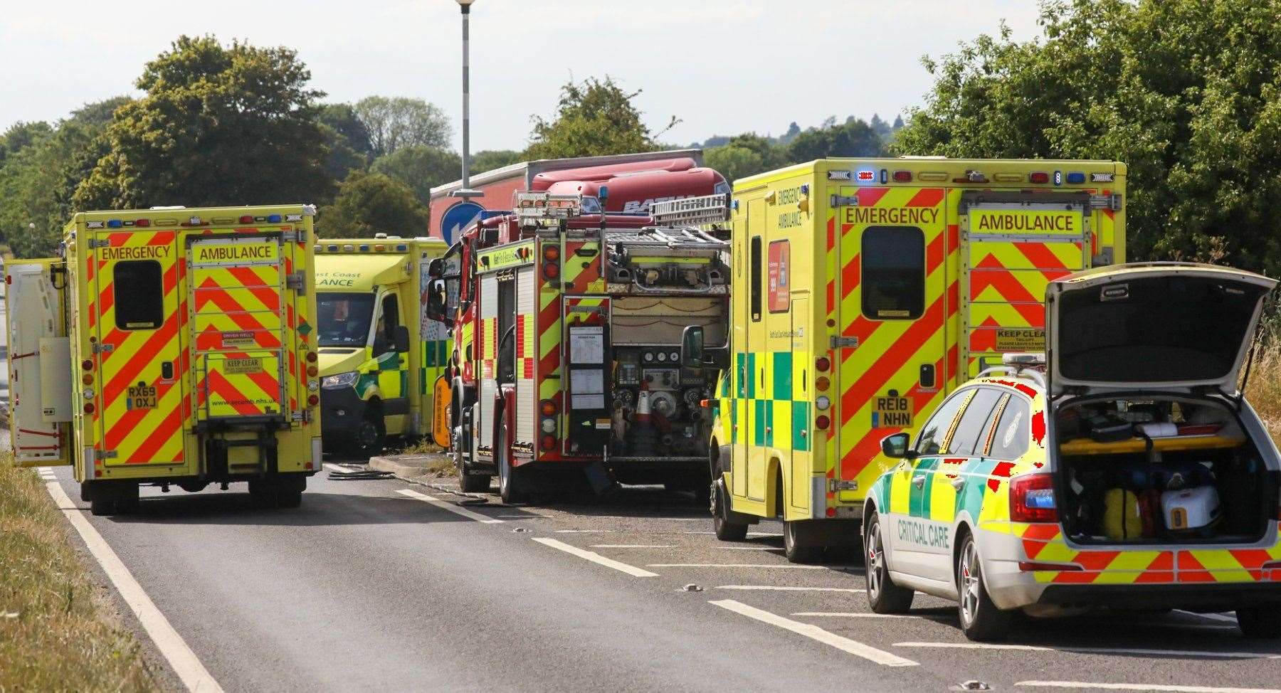 Police, paramedics, firefighters and the air ambulance have been called to the A20 near Lenham following a crash involving a car and lorry. Picture: UKNIP