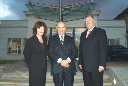 Allan Willett (centre) with Prof Jan Druker and Prof Michael Wright at the opening of Hall Place Enterprise Centre, Canterbury Christ Church University