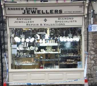 Smashed glass at Andrew Smith Jewellers in West Malling High Street