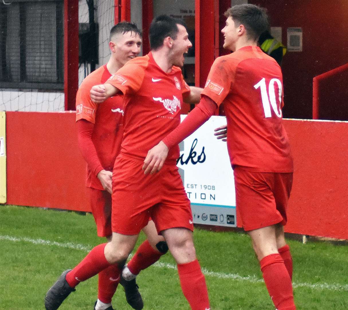 Hythe celebrate one of their goals during their 2-1 home win over Chichester. Picture: Randolph File