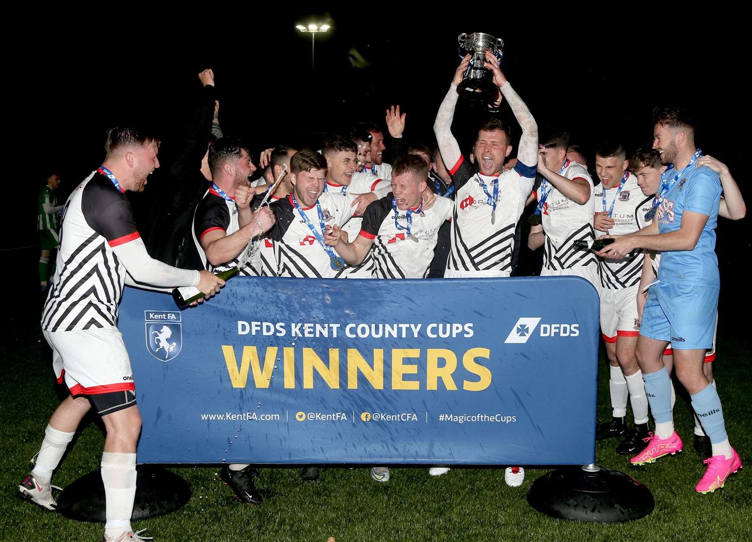 Deal Town reserves celebrate winning the DFDS Kent Intermediate Cup Final last Wednesday Picture: PSP Images