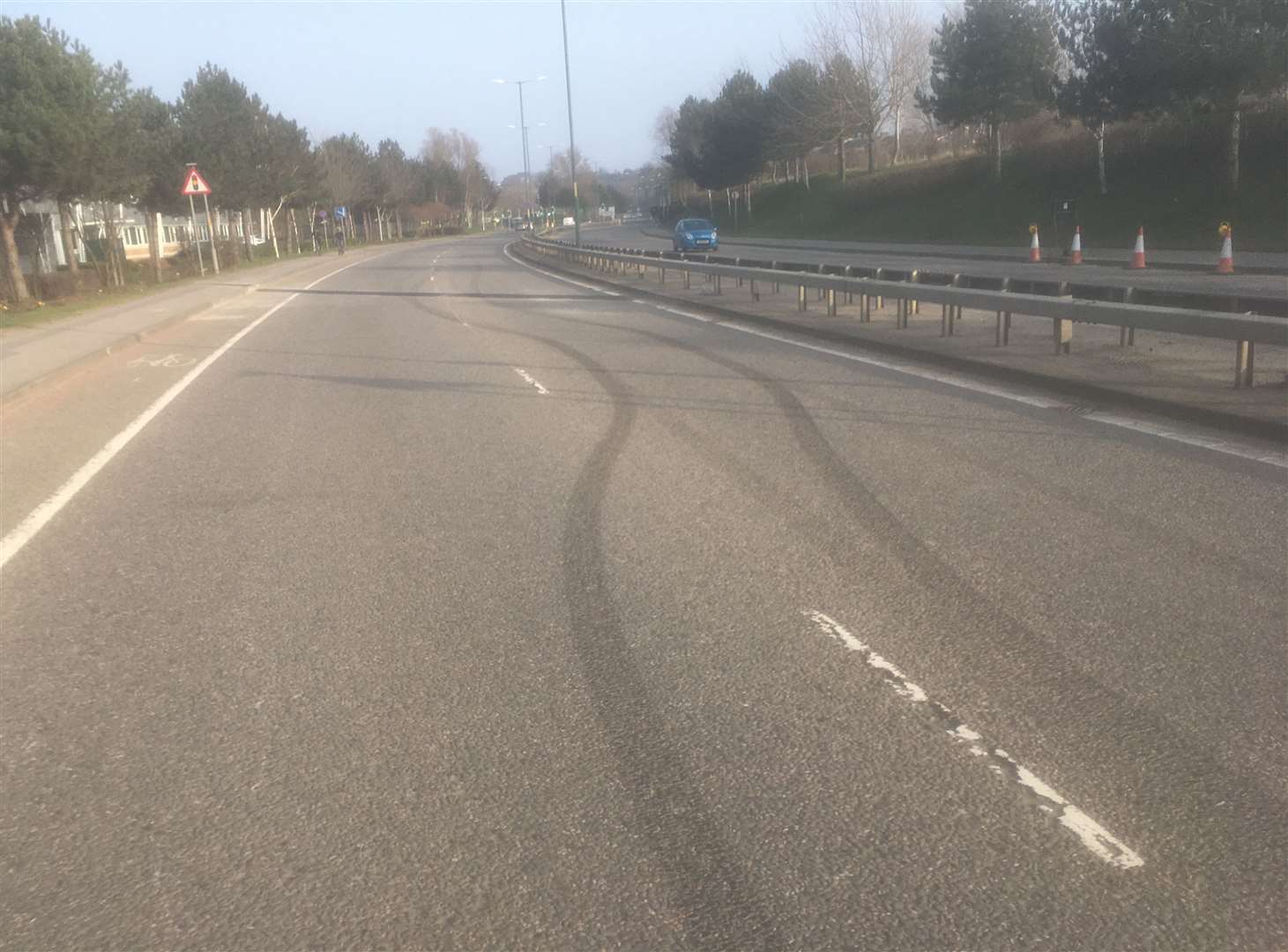 Tyre marks have been left in the road in Crossways Boulevard