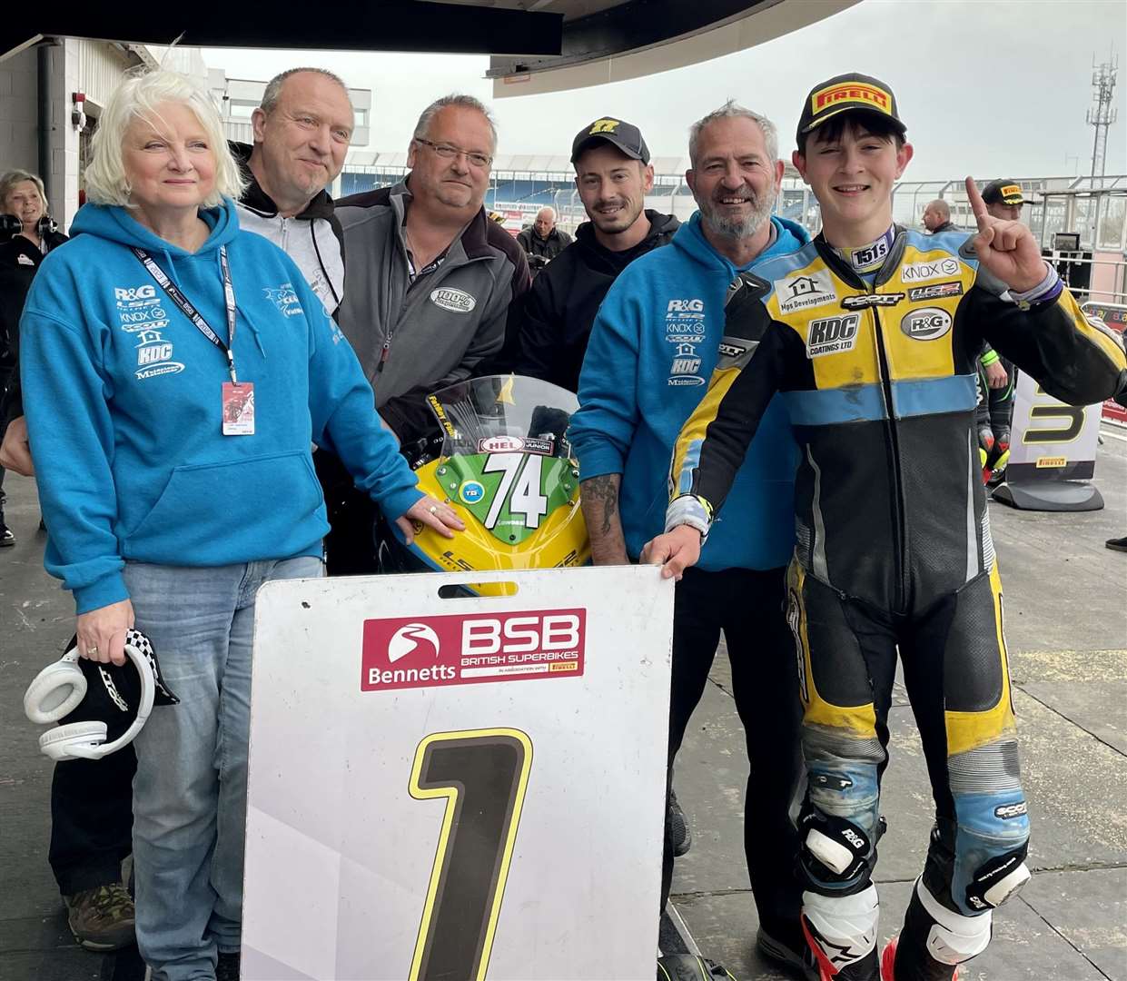 Finn Smart-Weeden with his team after winning race two of the British Junior SuperSport Campionship at Silverstone. Picture: Diane Leeder