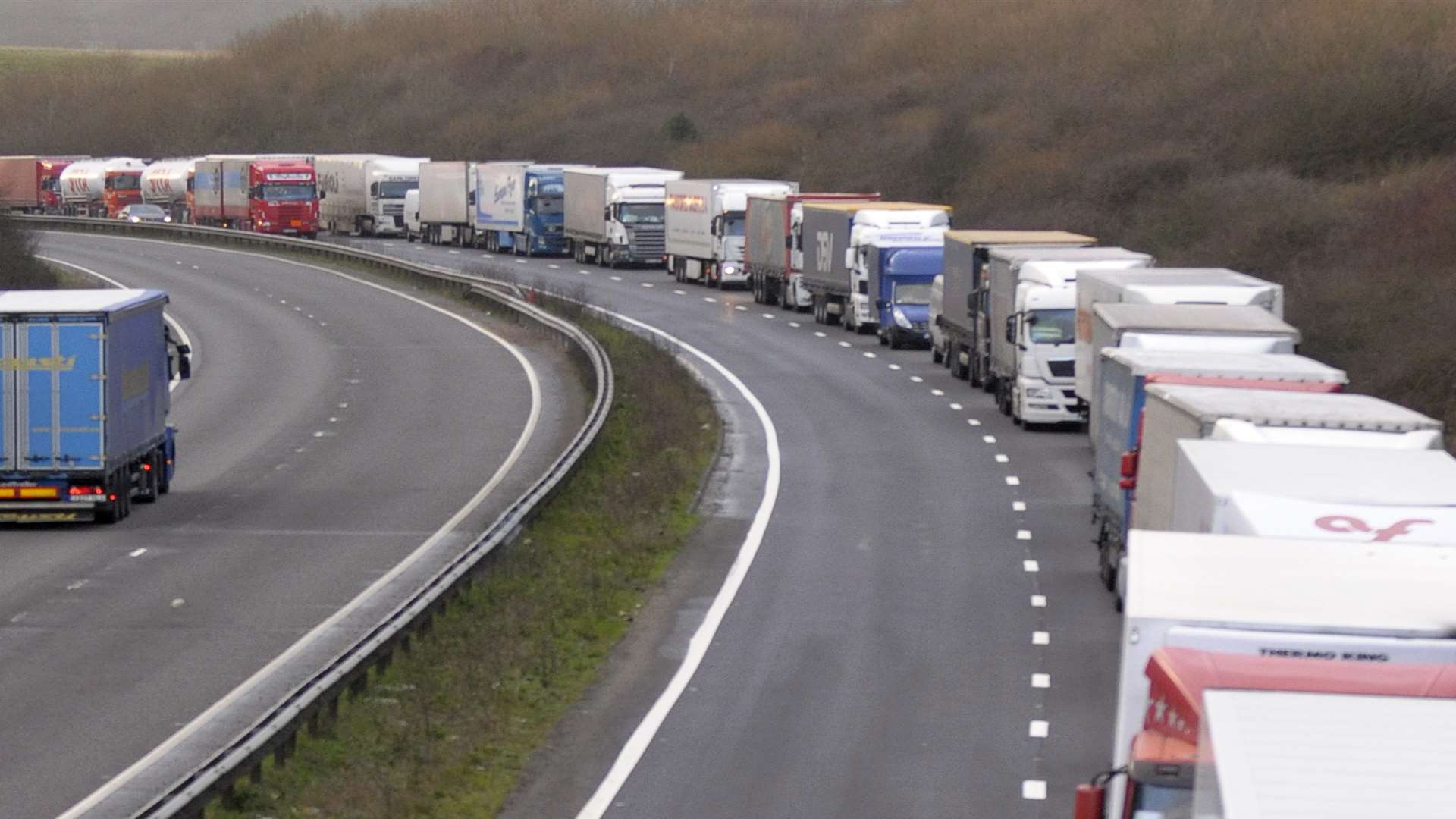 Lorries stacking on the A20 towards Dover.