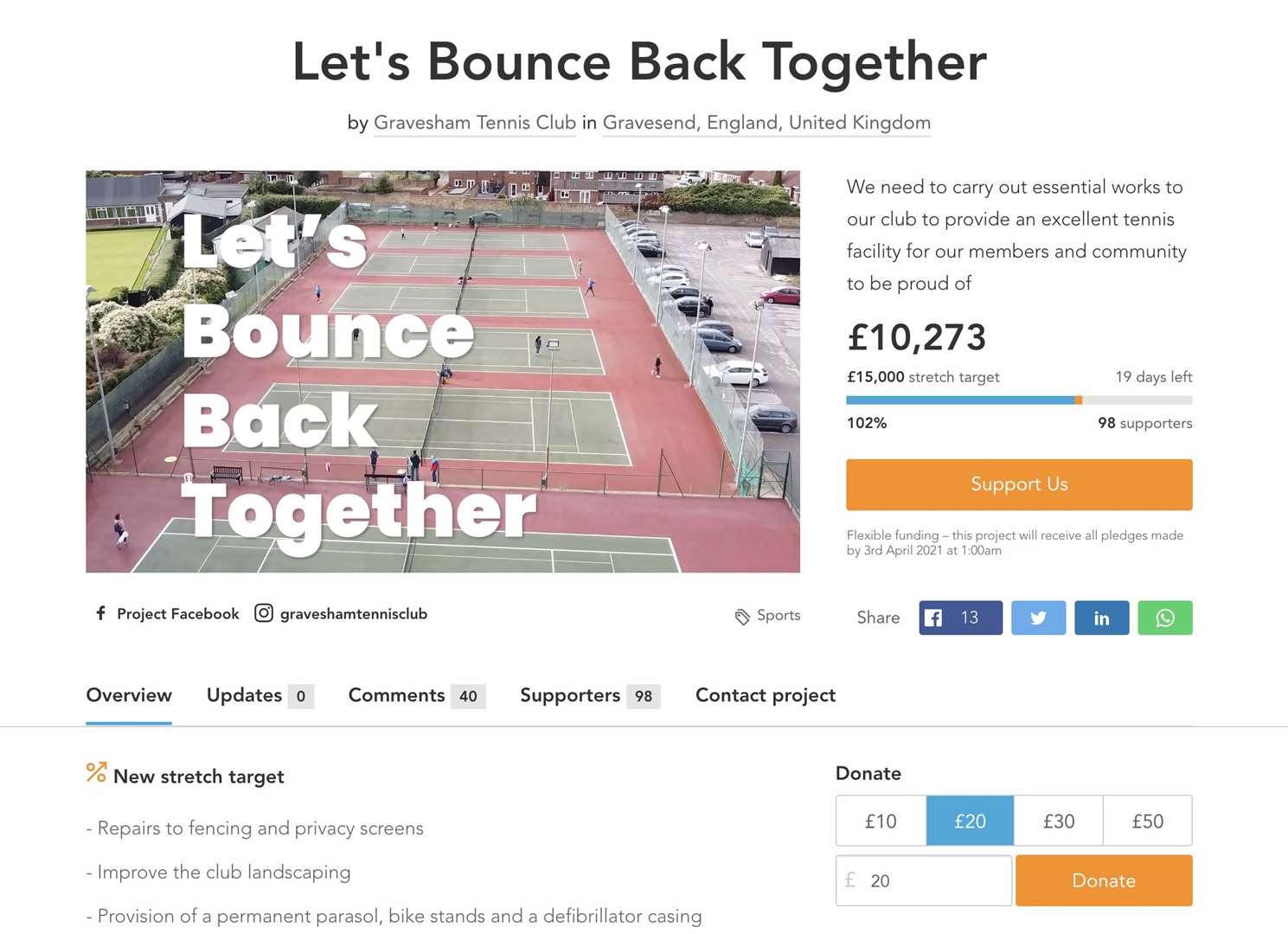 The club quickly hit its initial target in the Let's Bounce Back campaign and is now hoping to raise another £5,000. Picture: Gravesham Tennis Club