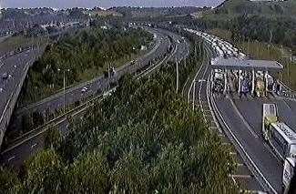 Lorries are densely packed on the approach to the Eurotunnel terminal. Picture: Highways England (13296359)