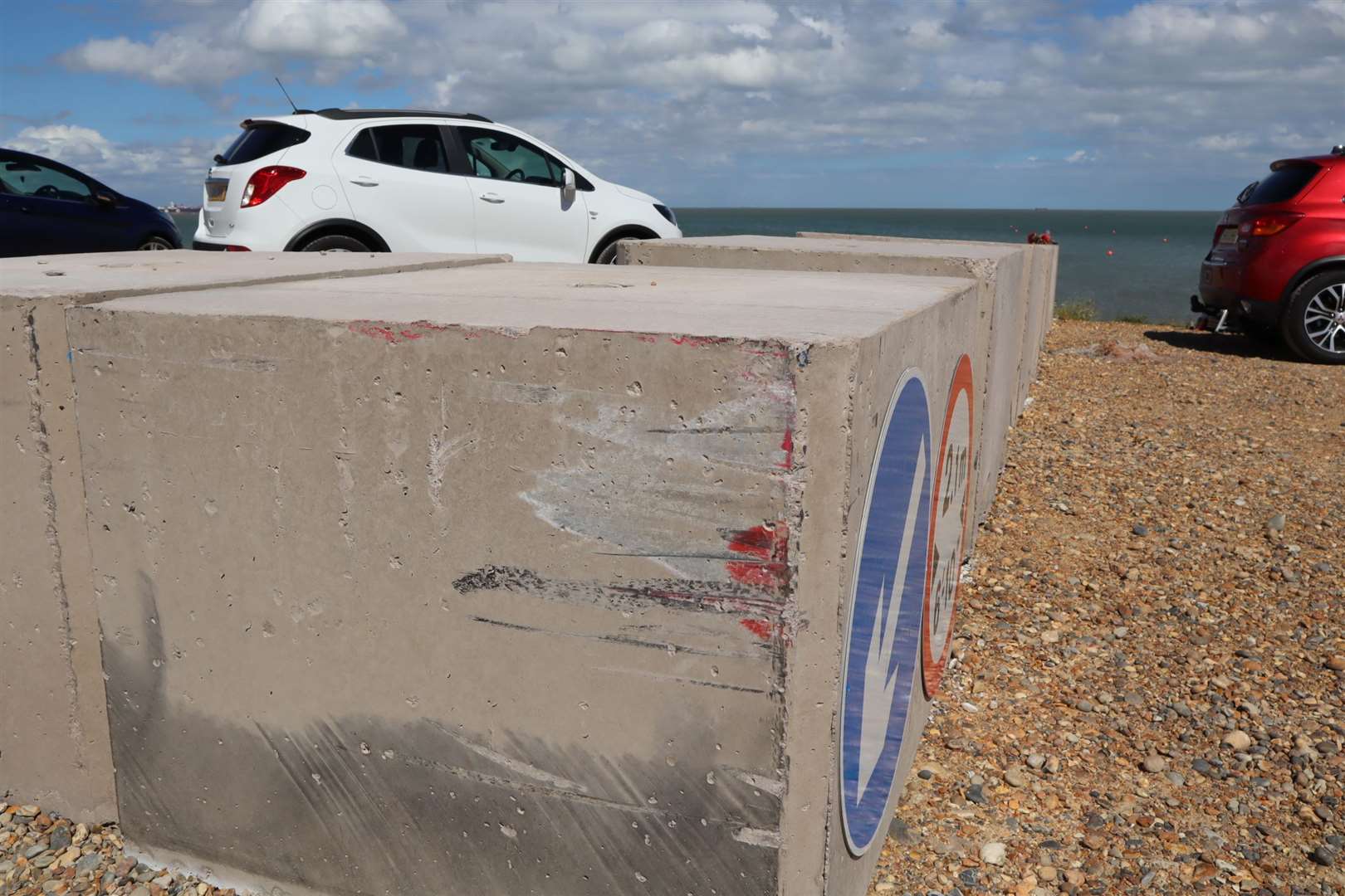 Paint marks on the bollards on the shingle bank at Minster, Sheppey. Picture: John Nurden