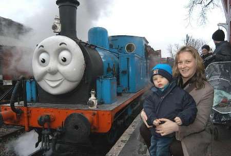 SPECIAL ATTRACTION: James Watkins and his mother with Thomas the Tank Engine at Tenterden on Sunday, February 12. Picture: PAUL AMOS