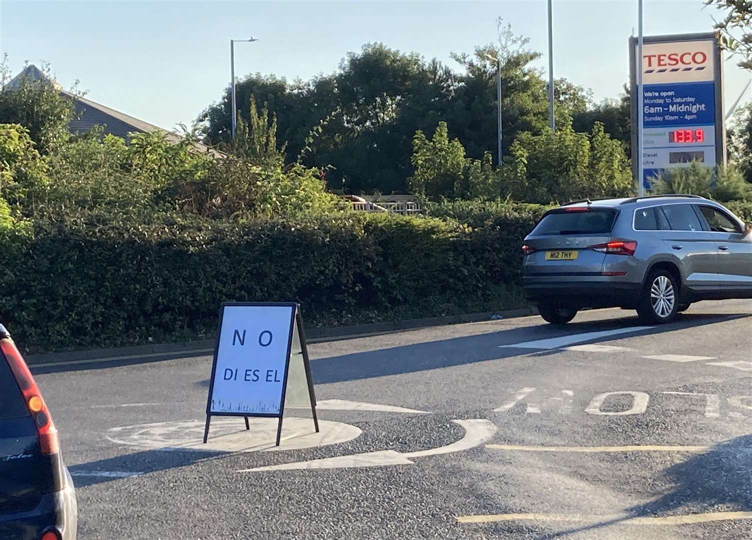 A sign informing drivers that the Tesco service station in Bridge Road, Sheppey, has run out of diesel