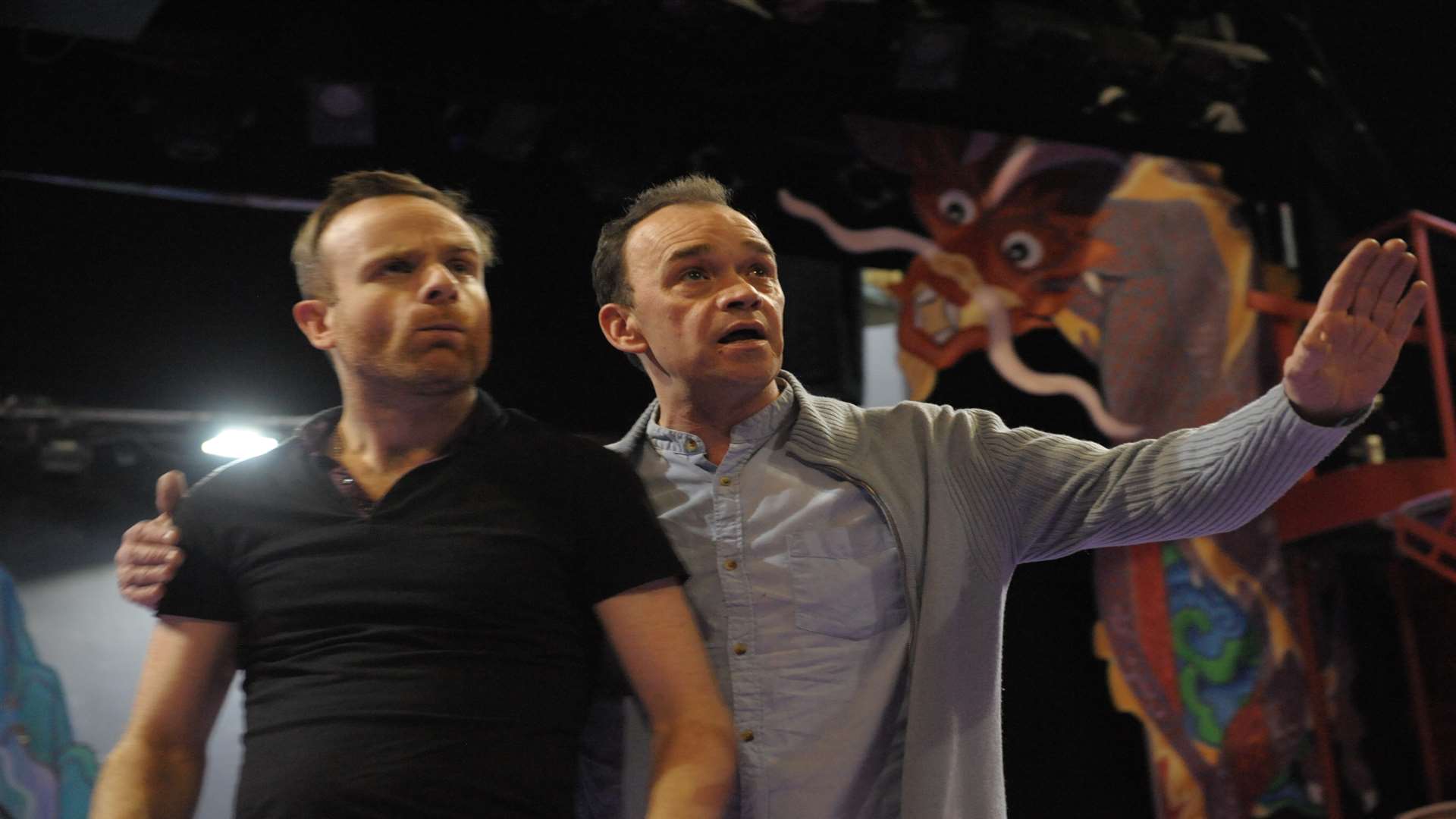 David Dobson who plays Wishee Washee and Todd Carty who is Abanazaar in rehearsal. Picture: Steve Crispe.