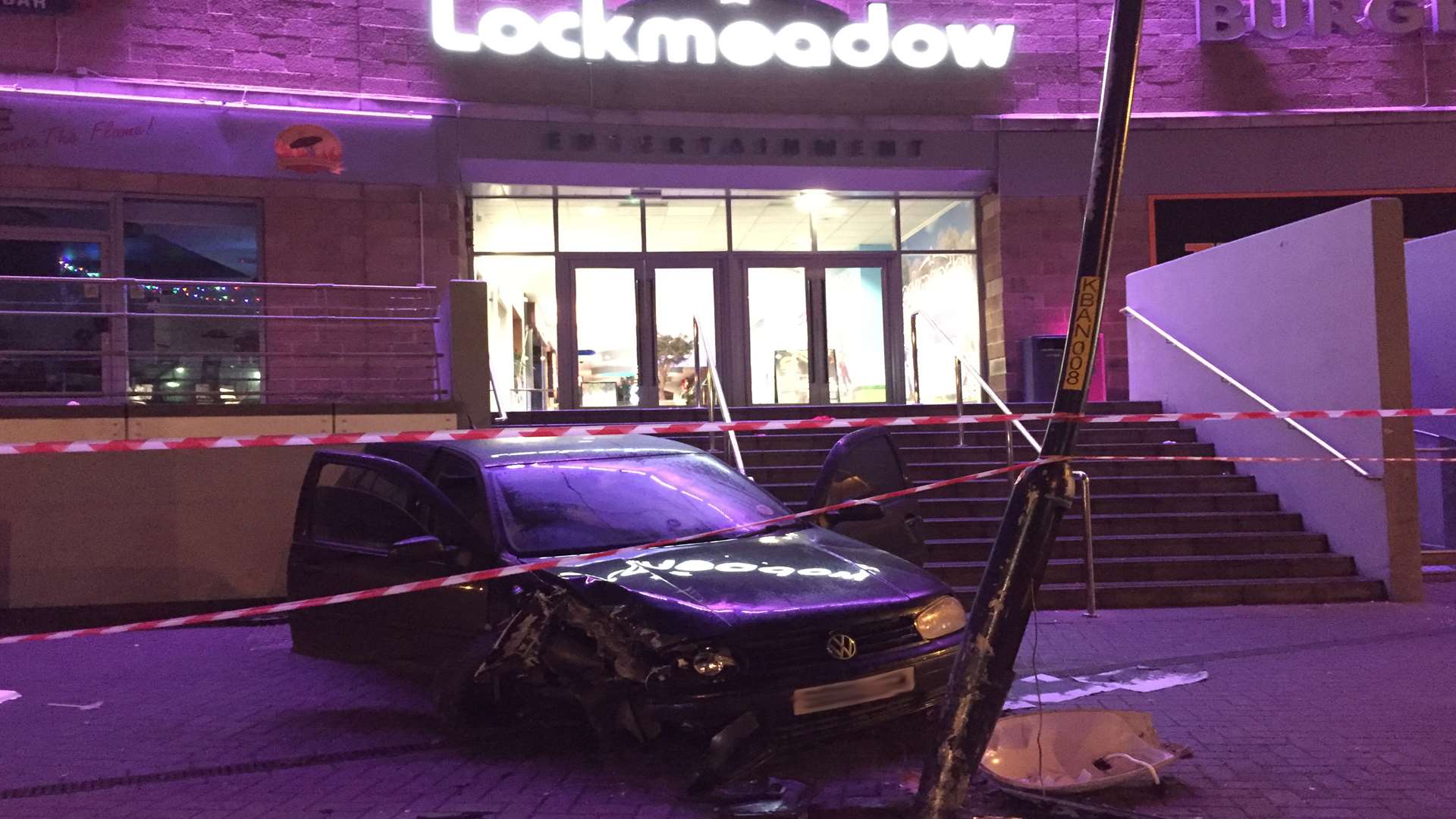 A car which smashed into a lamp post near the steps of the Lockmeadow complex