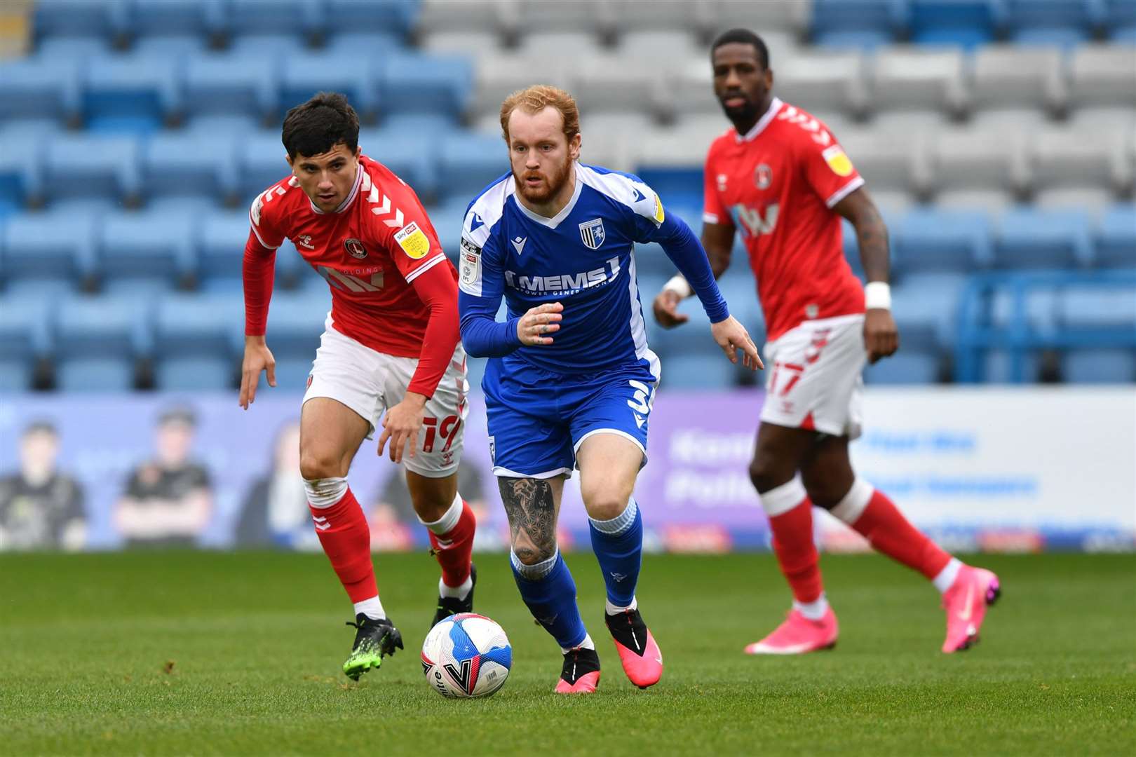 Connor Ogilvie on the front foot against Charlton Picture: Keith Gillard