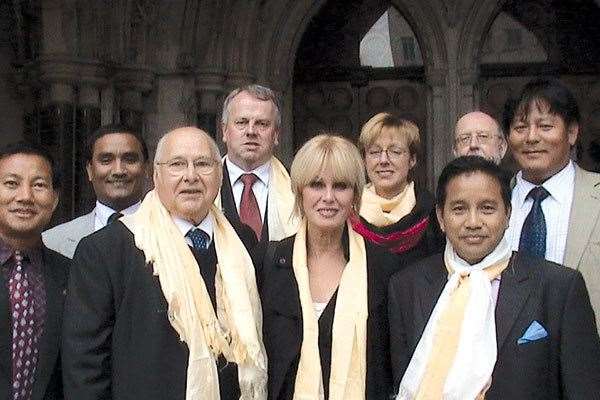 Brian Staley, left, with Joanna Lumley and leaders of the Campaign For Gurkha Justice outside the Old Bailey. Picture: Martin Howe & Company