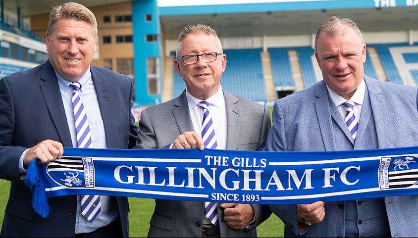 Gillingham chairman Paul Scally with his new manager Steve Evans and assistant Paul Raynor Picture: Ady Kerry