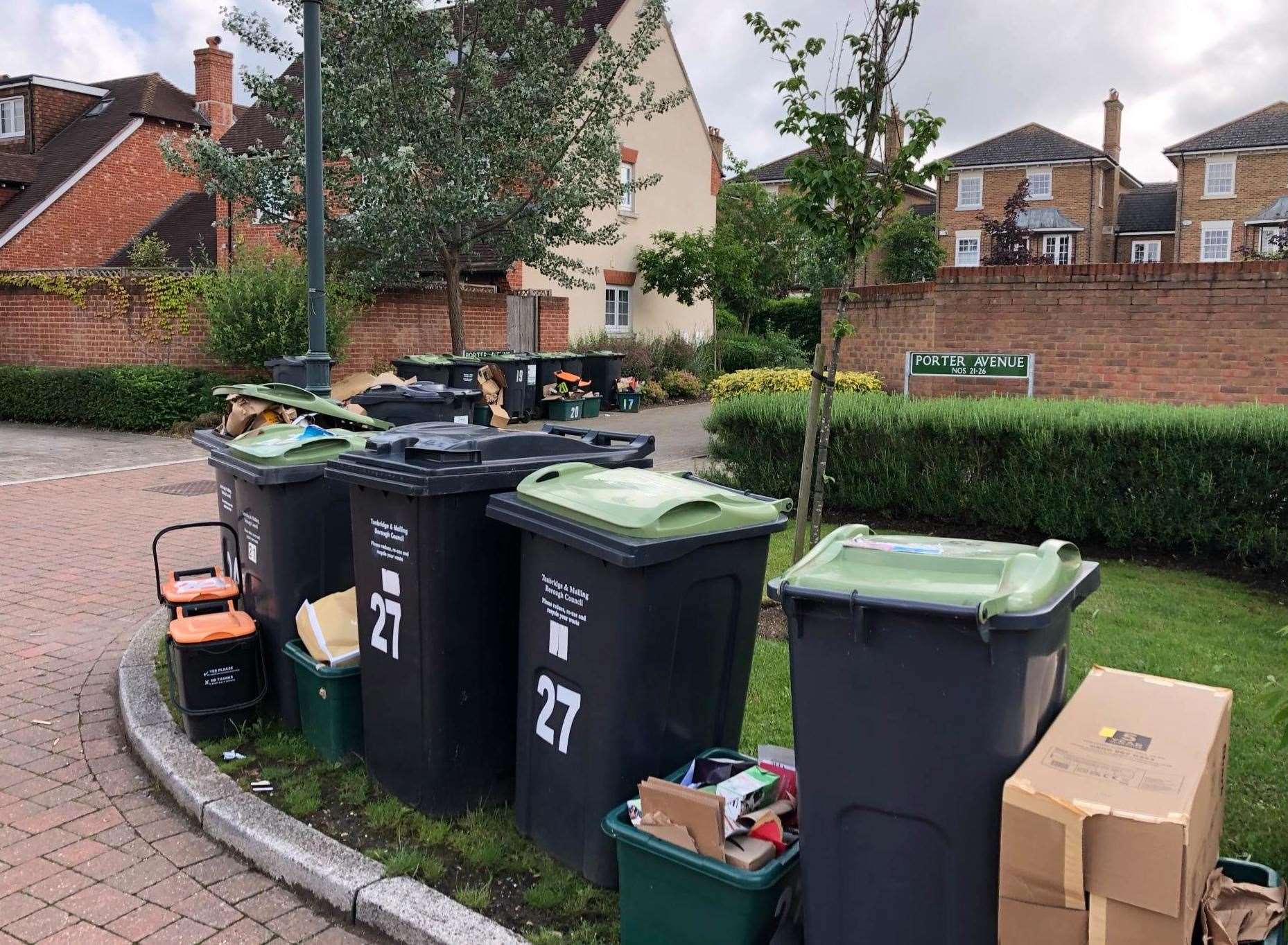 The recycling bins in Porter Avenue in Tonbridge and Malling are overflowing as a result of the suspended collections