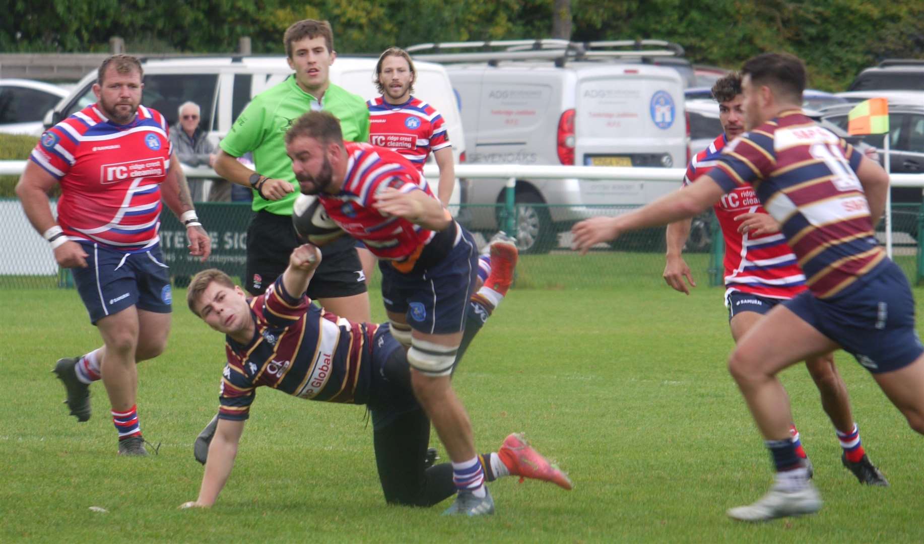 TJs' Tom Nicholl tries to break through against Old Albanians. Picture: Adam Hookway