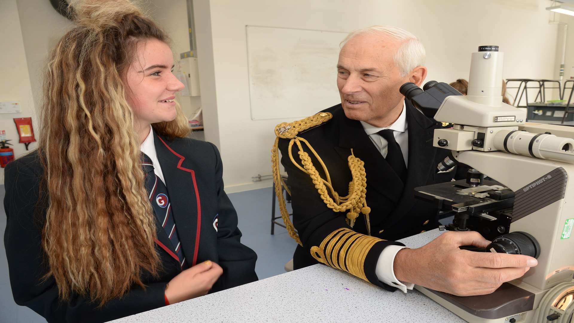 Savannah Bowles, 15 with Admiral Lord Boyce in one of the science labs