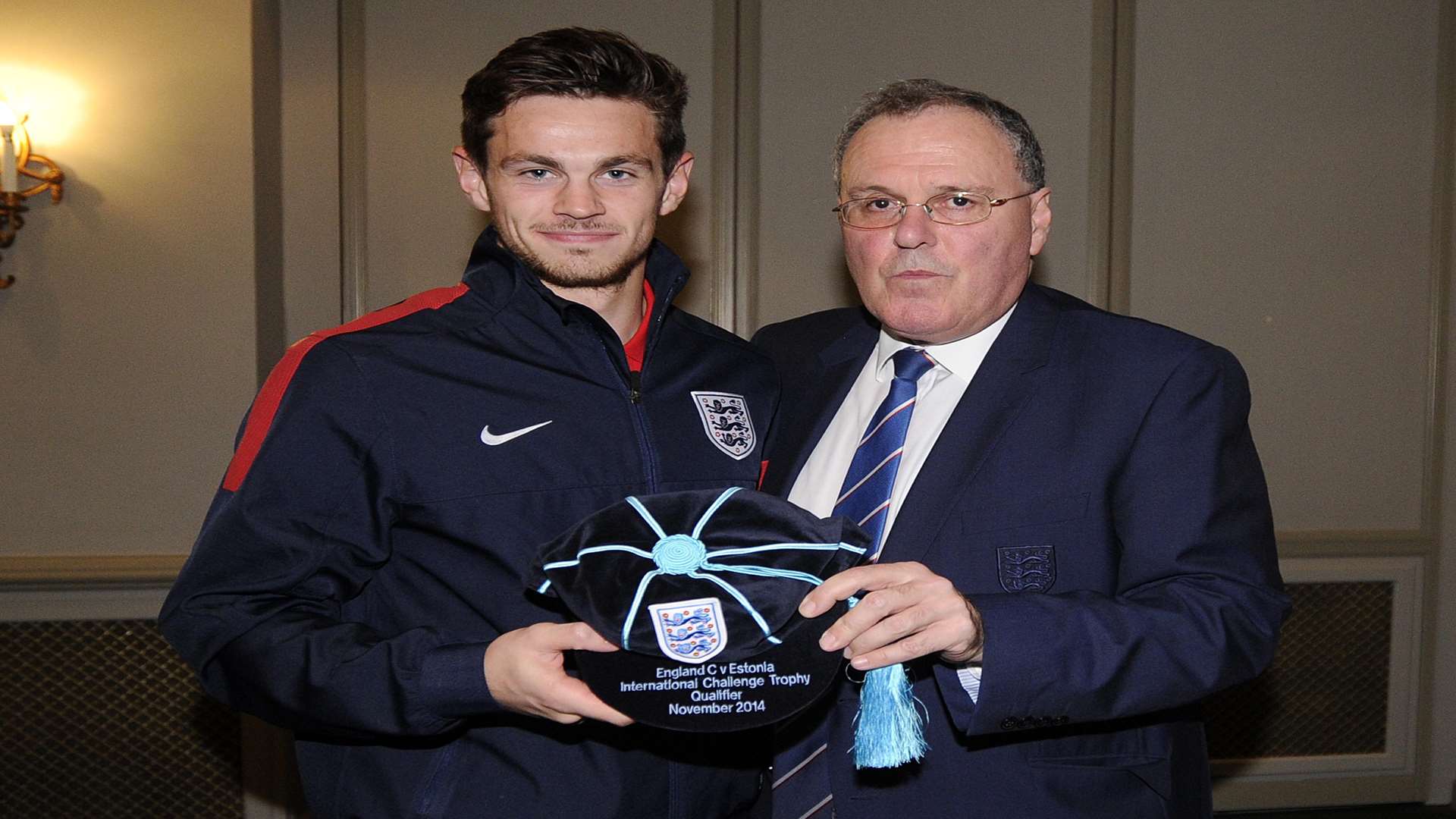 Brandon Hall is handed his first England C cap by the FA's Andrew Shaw Picture: Pinnacle