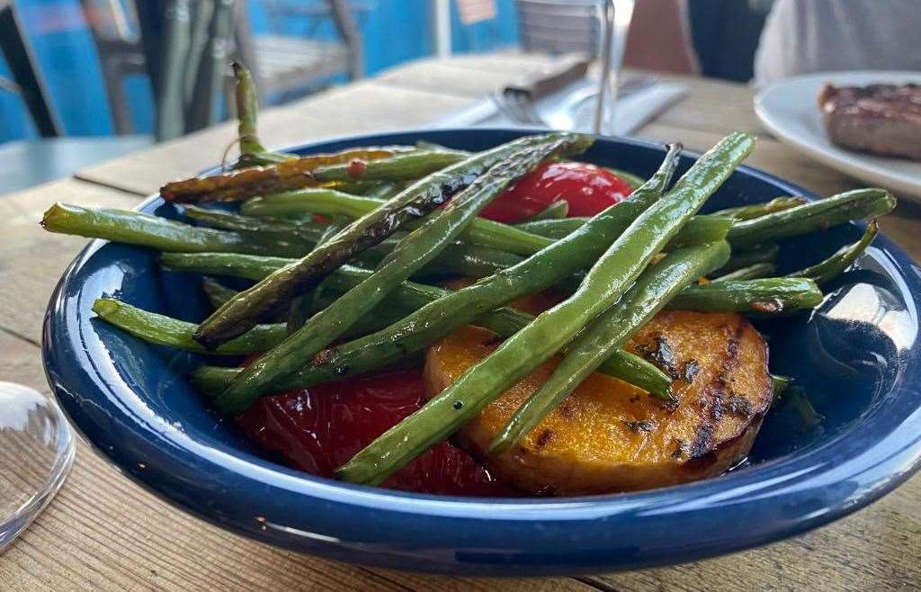 Grilled vegetables – green beans, peppers and sweet potato – are a tasty addition as a side for the meal