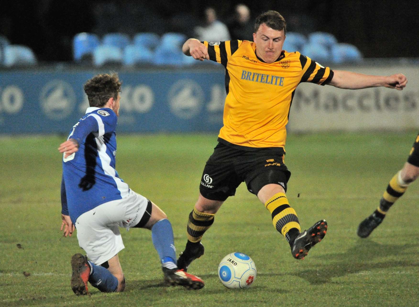 Alex Flisher gets at the Macclesfield defence on Tuesday night Picture: Steve Terrell