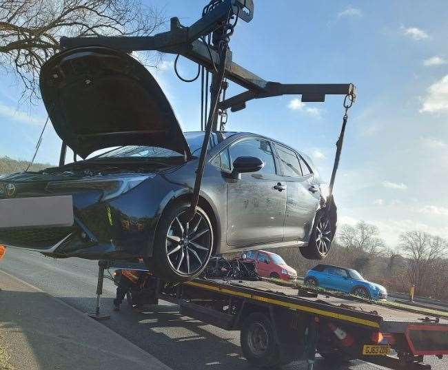 A car had to be recovered from the Four Elms roundabout after crashing into a ditch. Photo: @KentSpecials
